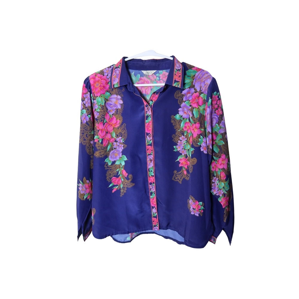 Vintage Current Floral Paisley Blouse Royal Blue Long Sleeve Button Down Top